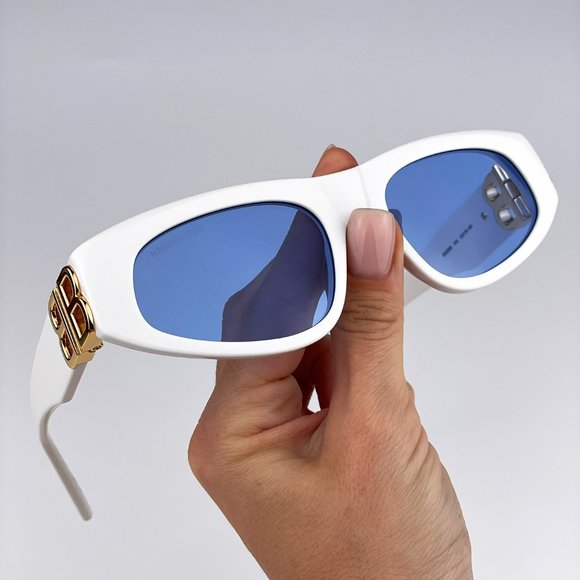Balenciaga BB0095S 004 BRAND NEW Sunglasses White Gold Light Blue Cat Eye Unisex - Picture 1 of 13